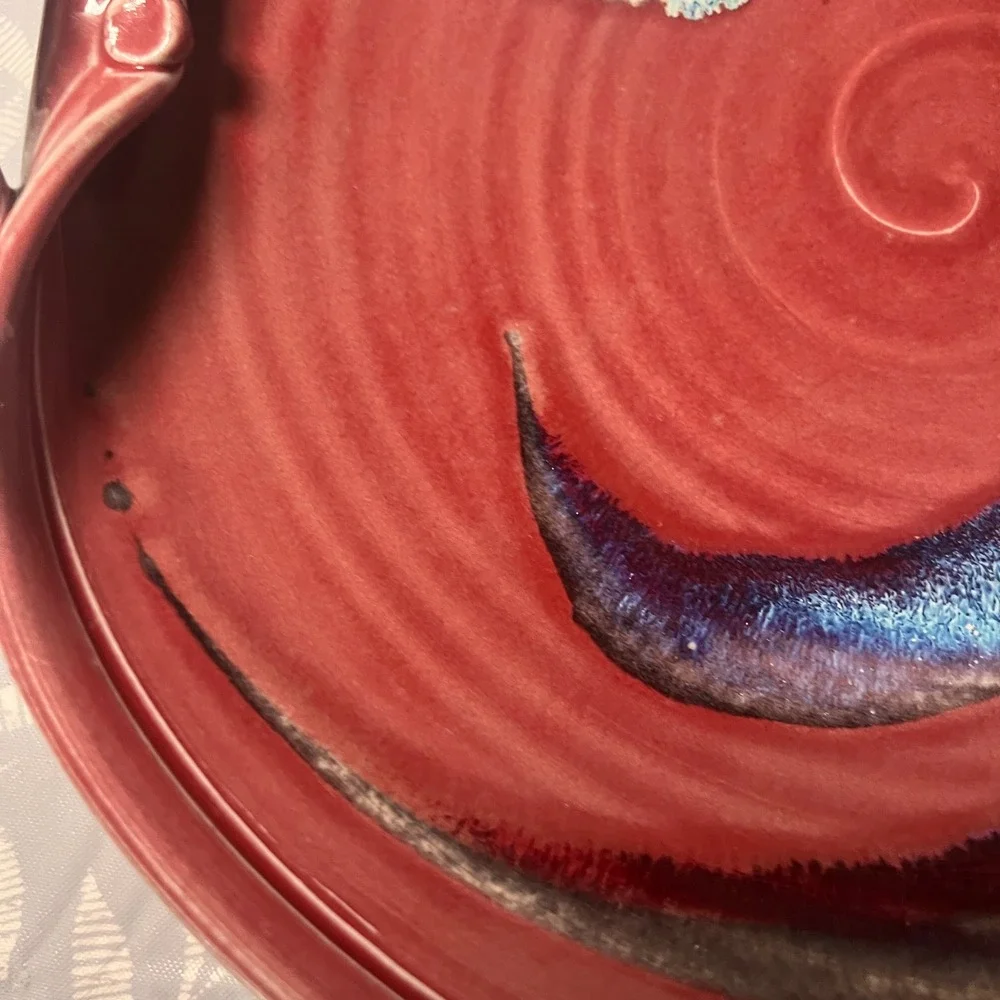 Handmade‎ Studio Pottery Red Glazed Serving Platter with Handles Blue Drip 12